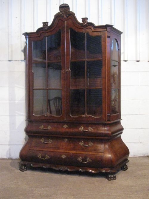 Antique Dutch Walnut Display Cabinet Bookcase on Bombe Base Late 19th Cent Wdb4987/1.9