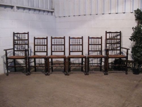Set Six Antique Victorian Country Oak Spindle Back Dining Chairs with Two Carvers C1860 Wp5017/7.9