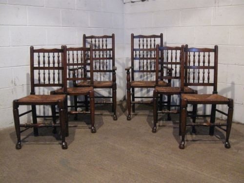 fig 1. SET SIX ANTIQUE VICTORIAN COUNTRY OAK SPINDLE BACK DINING CHAIRS WITH TWO CARVERS C1860 WP5017/7.9
