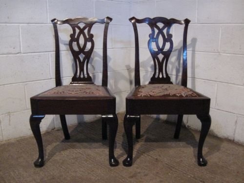 Pair Antique Georgian Mahogany Chippendale Chairs with Needlepoint Seats C1750 Wdb6043/20.9