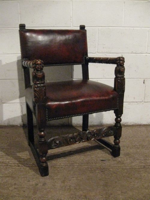Antique Victorian Jacobean Carved Oak  and Leather Library Desk Chair C1880 Wdb5971/27.9