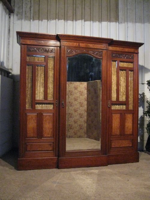 Antique Victorian Art Nouveau Mahogany & Walnut Triple  Breakfront Wardrobe Compactum C1890 Wdb6073/12.10
