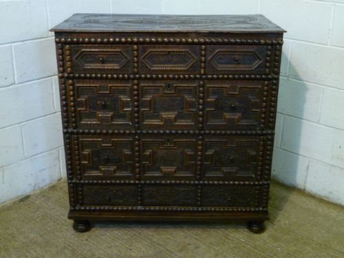 fig 1. ANTIQUE JAMES 11 17TH CENTURY GEOMETRIC OAK CHEST OF DRAWERS C1680 WDB6092/19.10