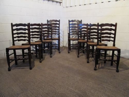 Antique Set Eight Victorian Country Oak Ladder Back Dining Chairs 6 Chairs + 2 Carvers C1880 Wdb4486/5993/19.10