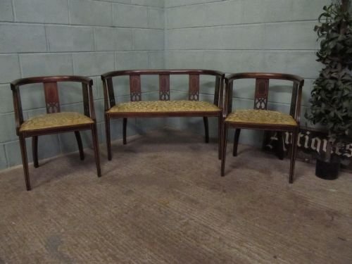 Antique Edwardian Art Nouveau Mahogany Inlaid Salon Suite / Pair Tub Chairs and Tub End Sofa Wdb6207/27.12