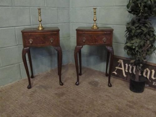 fig 1. ANTIQUE PAIR EDWARDIAN BOW FRONT BURR WALNUT BEDSIDE TABLES CABINETS WITH BOOK SLIDES C1910 6252/7.2