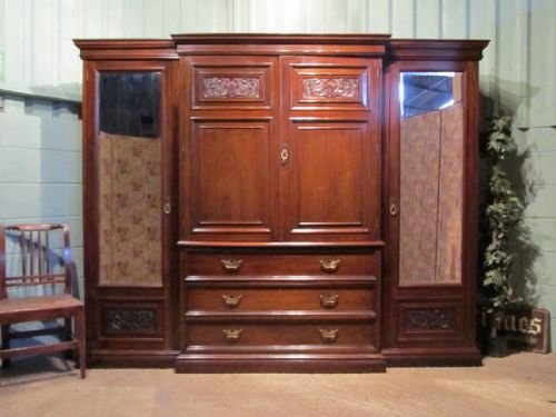 Antique Victorian Mahogany Breakfront Triple Wardrobe Compactum C1890 W6358/11.4