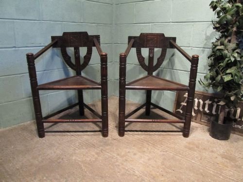 Antique Pair Early Victorian Country Oak Wood-turners Corner Chairs C1840 W6370/11.4