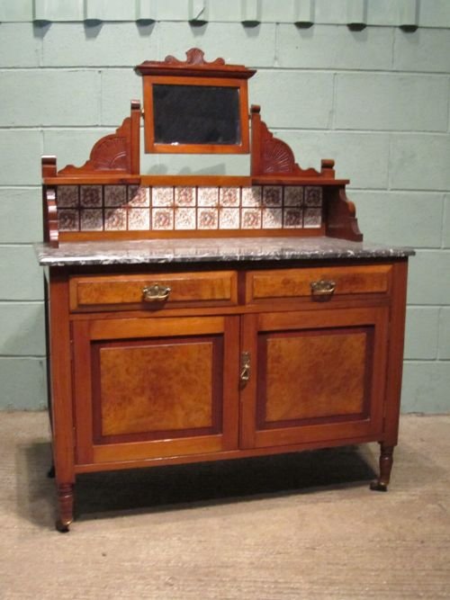 fig 4. ANTIQUE EDWARDIAN MAHOGANY & WALNUT BEDROOM SUITE DOUBLE WARDROBE DRESSING TABLE CHEST AND WASHSTAND CABINET C1900 W6380/21.4