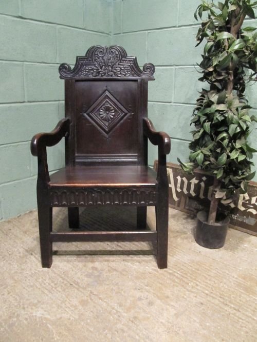 Antique Early Georgian Joined Oak Panel Back Arm Chair C1720 W6372/21.4