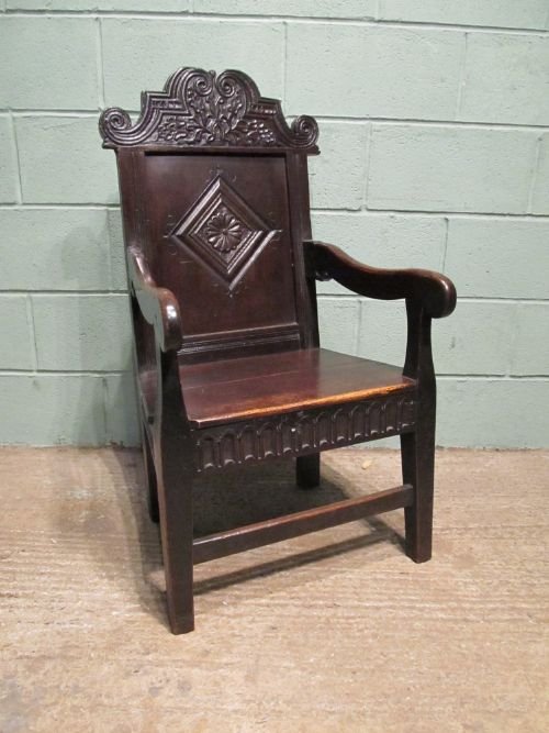 fig 1. ANTIQUE EARLY GEORGIAN JOINED OAK PANEL BACK ARM CHAIR C1720 W6372/21.4
