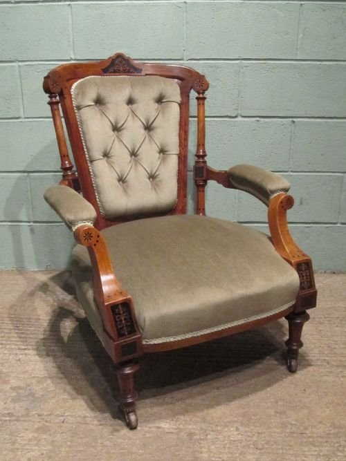 Antique Victorian Walnut Inlaid Salon Library Armchair W6385/26.4