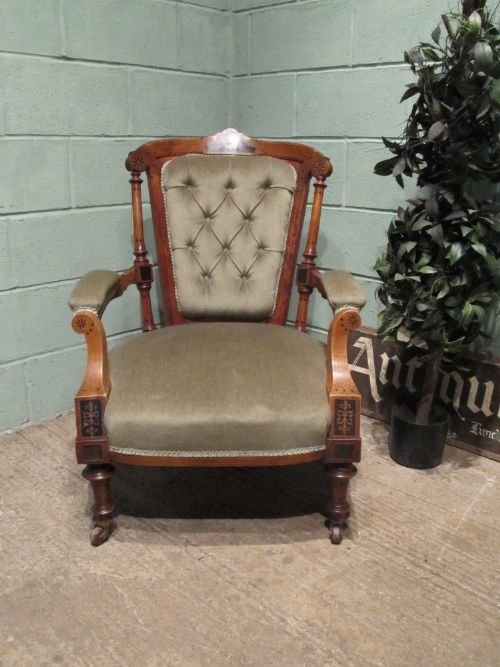 fig 1. ANTIQUE VICTORIAN WALNUT INLAID SALON LIBRARY ARMCHAIR W6385/26.4