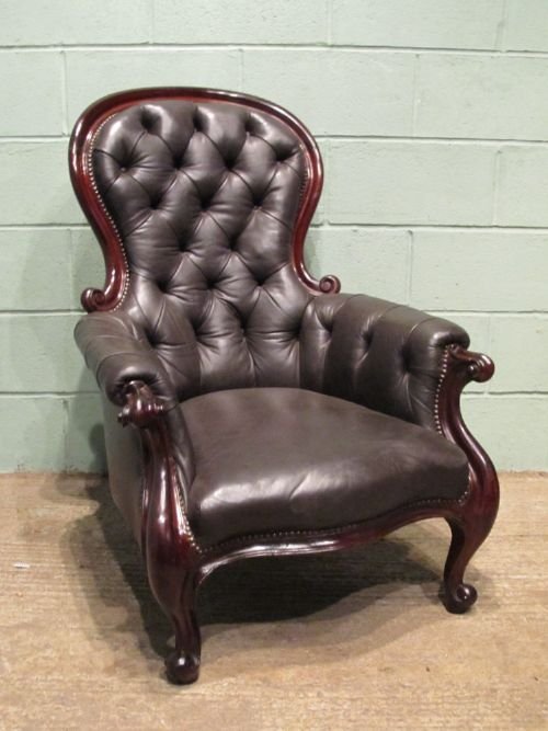Antique Victorian Mahogany & Leather Spoon Back Salon Chair C1880 W6477/26.6