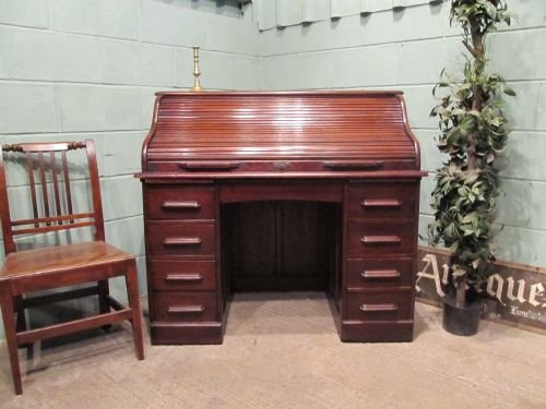 Antique Edwardian Oak Roll Top Pedastal Desk C1900 W6506/2.7