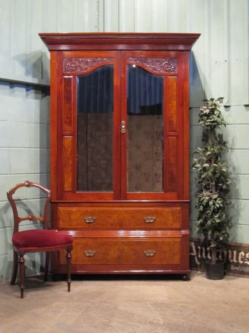 Antique Art Nouveau Mahogany and Walnut Double Wardrobe Armoire C1890 W6380/21.4