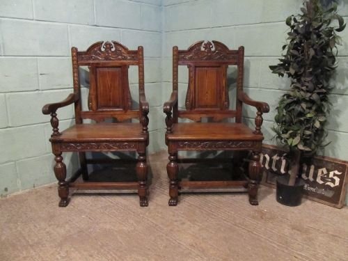 Antique Pair Late Victorian Carved Oak Throne Chairs C1890 W6545/15.8
