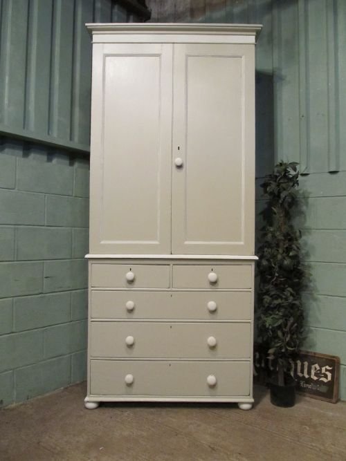 Antique Victorian Tall Painted Pine Linen Press Cupboard on Chest C1880 W6562/30.8