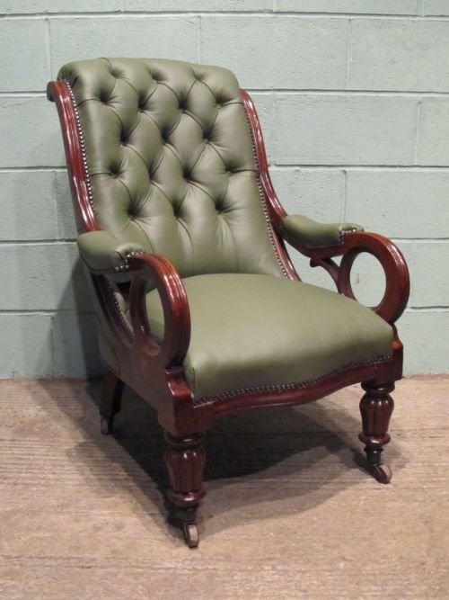 Antique William 1v Mahogany & Leather Scroll Arm Library Armchair C1830 W6570/19.9