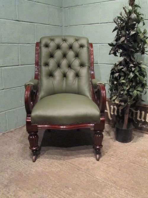fig 1. ANTIQUE WILLIAM 1V MAHOGANY & LEATHER SCROLL ARM LIBRARY ARMCHAIR C1830 W6570/19.9