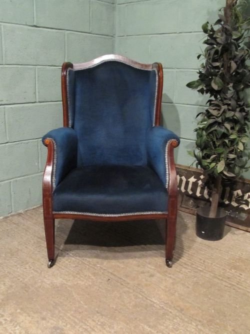 fig 1. ANTIQUE EDWARDIAN MAHOGANY INLAID WING ARMCHAIR C1900 W6574/19.9