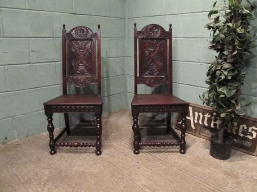 Antique Pair Victorian Carved Oak Hall Chairs Derby C1850 W6630/17.10