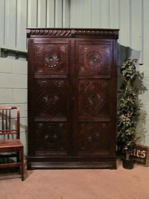 Antique Early Victorian Carved Oak Livery Cupboard Wardrobe C1850 W6661/21.11
