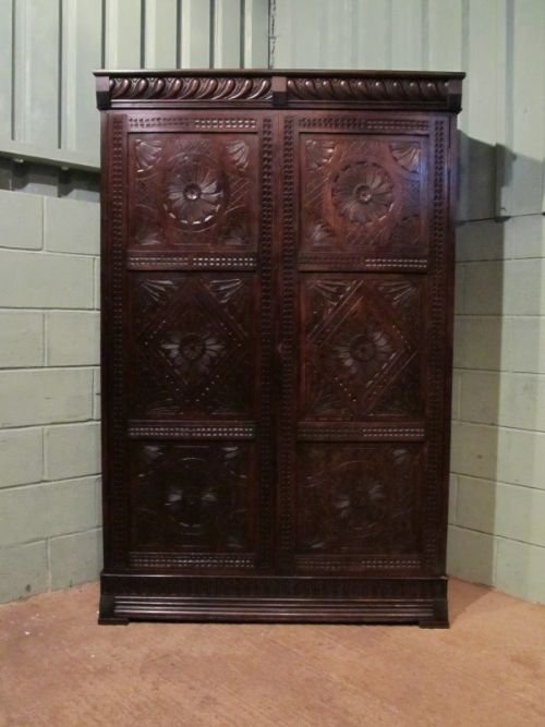 fig 1. ANTIQUE EARLY VICTORIAN CARVED OAK LIVERY CUPBOARD WARDROBE C1850 W6661/21.11