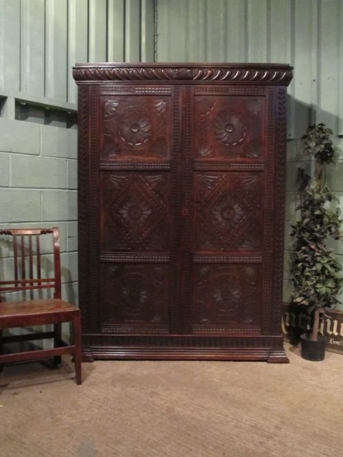 Antique Early Victorian Carved Oak Livery Cupboard Wardrobe C1850 W6660/21.11