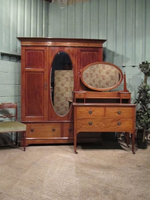 Antique Edwardian Inlaid Mahogany Large Double Wardrobe and Matching Dressing Table C1900. W6683/5.12