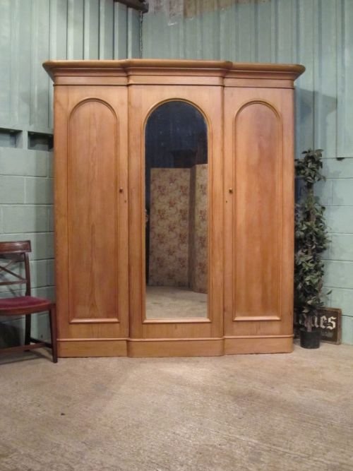 Antique Victorian Pine Breakfront Triple Wardrobe Compactum C1880 W6740/9.1