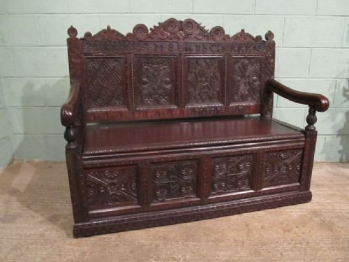 Antique 17th Century Westmoreland Carved Oak Box Settle C1680 W6753/16.1