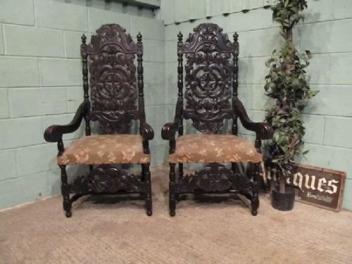 Antique Pair Early Victorian Very Large Carved Oak Throne Armchairs C1840 W6782/30.1