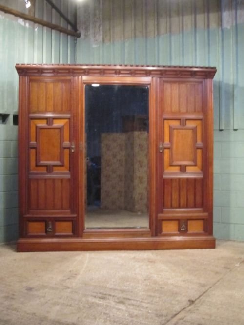 fig 1. ANTIQUE LARGE VICTORIAN ARTS & CRAFTS CASTLEATED WALNUT TRIPLE WARDROBE COMPACTUM C1890 W6773/6.2