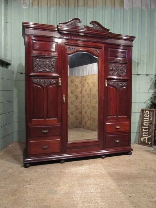 Antique Victorian Art Nouveau Mahogany Triple Wardrobe C1890 W6810/20.2