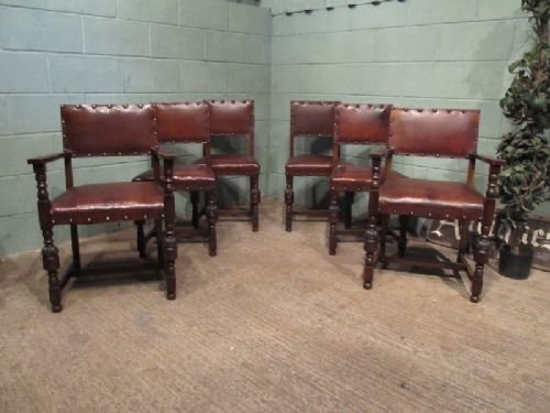 Antique Edwardian Set Six Oak & Leather Dining Chairs C1900 W6871/19.2