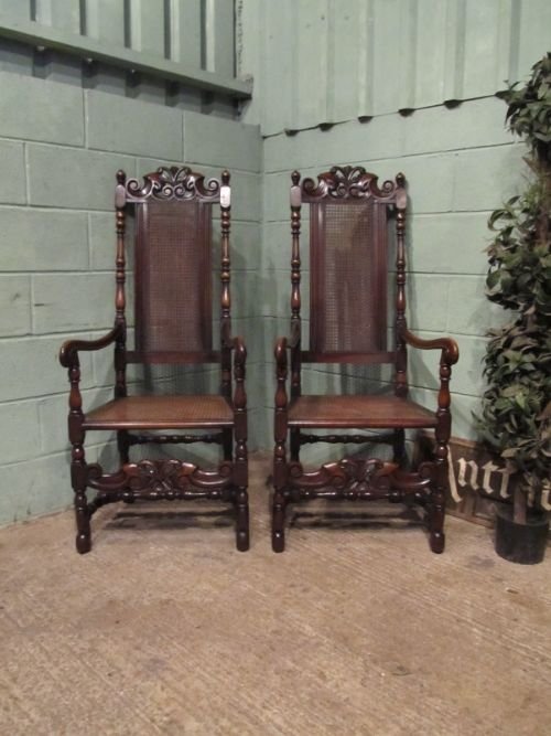 Antique Pair Victorian 'William & Mary' Oak Armchairs C1880 W6887/2.4
