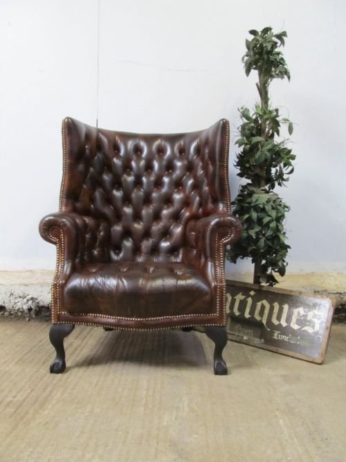 fig 1. Antique Full Button Down Brown Leather Chesterfield Wing Armchair c1920. wdp/25.6