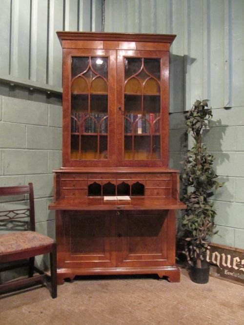 Antique Burr Walnut Glazed Bookcase Secretaire W7024/9.7