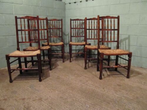 Antique Set Six Country Oak Spindle Back Dining Chairs C1880 W7041/13.8
