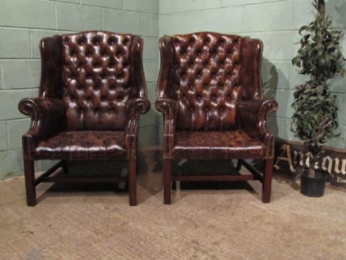 Antique Pair Georgian Style Chesterfield  Button Down Leather Armchairs Wdp/13.8