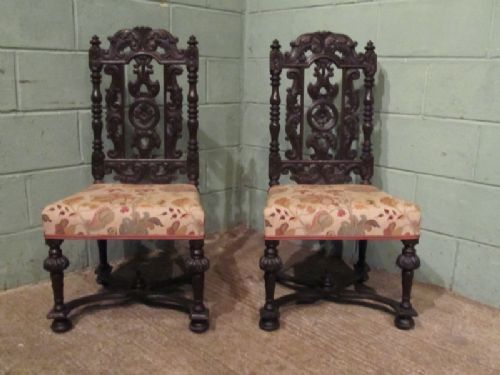 Antique Pair Jacobean Carved Oak Hall Chairs W7060/27.8