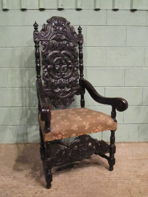 Antique Large Early Victorian Carved Oak Throne Hall Chair C1840