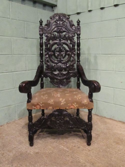 Antique Early Victorian Carved Oak Throne Hall Chair C1840 W7842/30.1