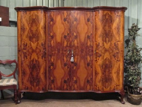 Antique Stunning Italian Burr Walnut Serpentine Triple Wardrobe Armoire