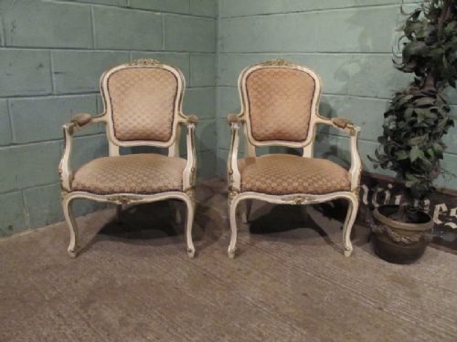 Superb Pair Antique French Fauteuil Open Armchairs in Original Crackle Paint C1920