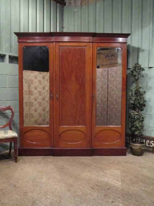 Antique Edwardian Mahogany Inlaid Breakfront Triple Wardrobe C1900