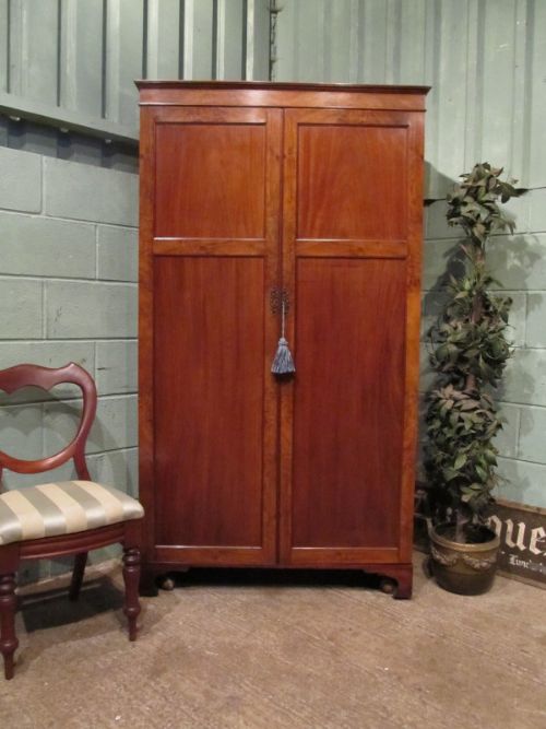 Antique Edwardian Mahogany & Burr Walnut Double Wardrobe C1900
