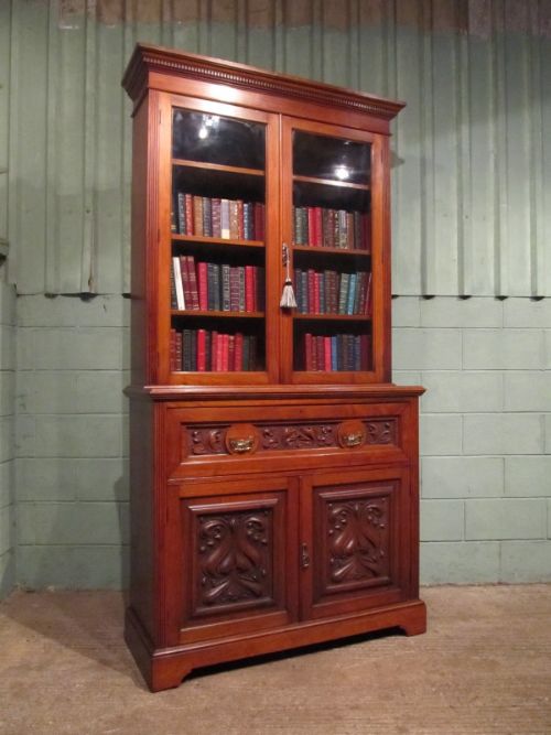 fig 1. ANTIQUE VICTORIAN WALNUT SECRETAIRE BOOKCASE C1890 