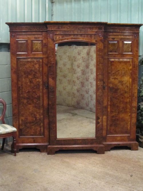 Antique Victorian Burr Walnut Triple Breakfront Wardrobe C1870